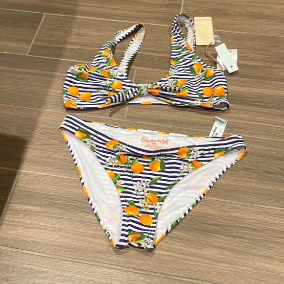 Cabana Del Sol Women Orange Print Stripes Blue Bathing Suit Bikini Size Large - Picture 1 of 5